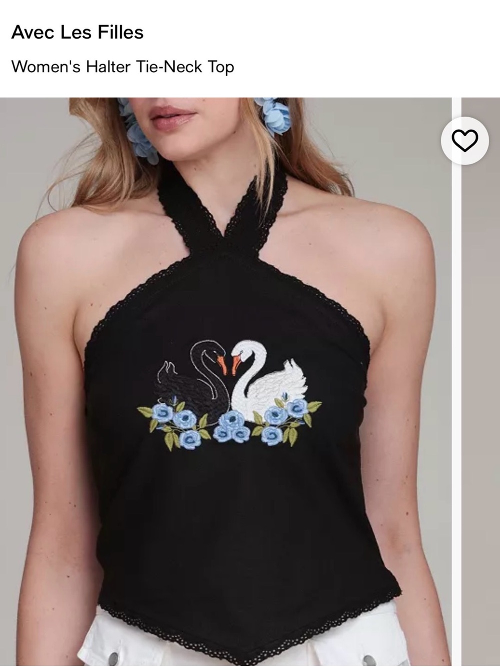 Avec Les Filles Black Halter Top with Swan Embroidery - Picture 4 of 5